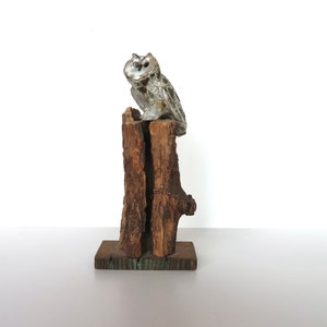 Mid Century Studio Pottery Owl Sculpture, Brutalist Ceramic Owl Sculpture on Wooden Base image 1