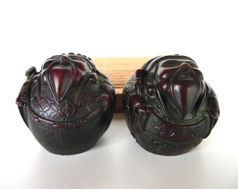 Pair Of Vintage Red Resin Chinese Decorative Sculpture Figurines, Asian Good Luck And Fortune Gifts