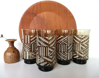 1970s Brown Libbey Glass Tumblers With Geometric Patterns, Set Of 4 Retro Libby Ice Tea Glasses, 2 Sets available