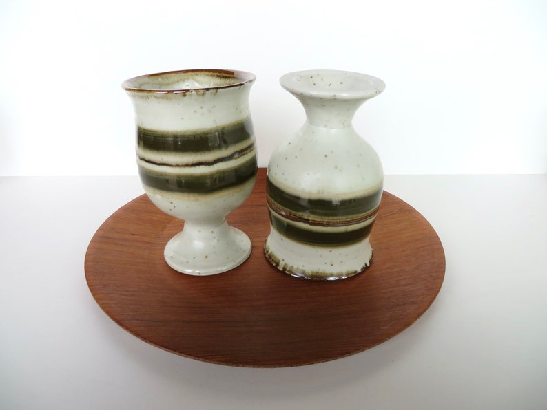 Set Of 5 Otagiri Stoneware Goblets, Vintage Japanese Pottery Pedestal Cups With Green Stripes image 5