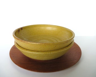 Set of 2 Mid Century Studio Pottery Serving Bowls, 8" Low Profile Hand Crafted Stoneware Bowls With Harvest Gold Glaze