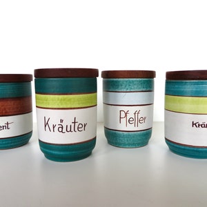 KMK Germany Ceramic Spice Jars With Wooden Lids, Set of 4 Pottery Herb Containers Hand Painted, Vintage Stash Jars image 1