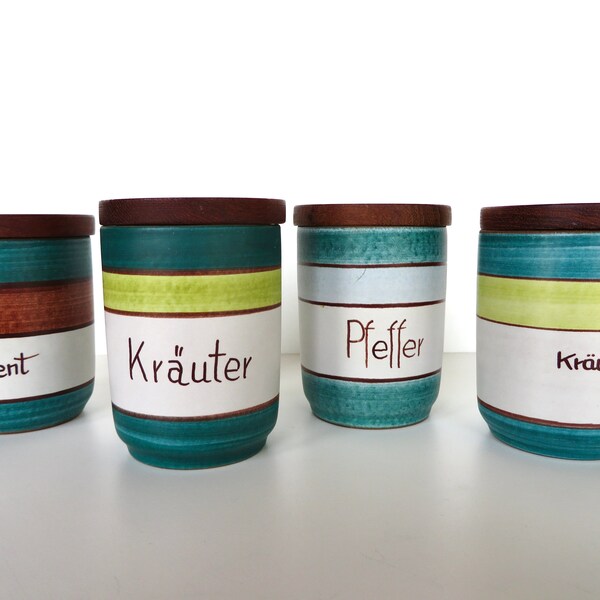 KMK Germany Ceramic Spice Jars With Wooden Lids, Set of 4 Pottery Herb Containers Hand Painted, Vintage Stash Jars