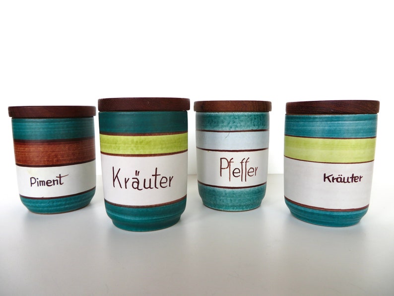 KMK Germany Ceramic Spice Jars With Wooden Lids, Set of 4 Pottery Herb Containers Hand Painted, Vintage Stash Jars image 1