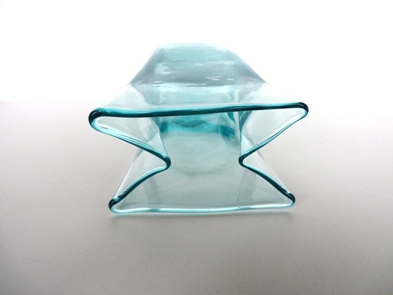 Vintage Blenko Glass Paper Bag Vase In Aqua Blue, 8 1/2 Hand Blown Blenko Glass Art 8813M image 8