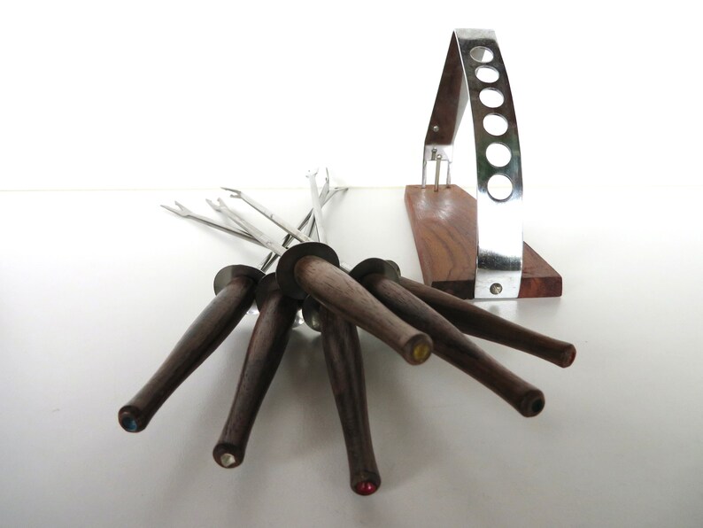 Mid Century Modern 7 Piece Fondue Fork Set With Stand Etsy