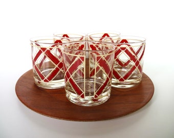 Georges Briard Signed Lowball Bar Glasses, Briards Mid Century Modern Red "X Out" Whiskey Glasses