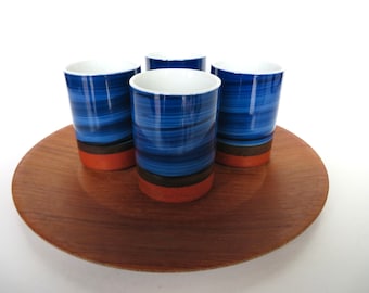 Vintage Japanese 6 oz Porcelain Yunomi Tea Cups In Blue And Orange, Set of 4 Matcha/Green Tea Ceramic Cups