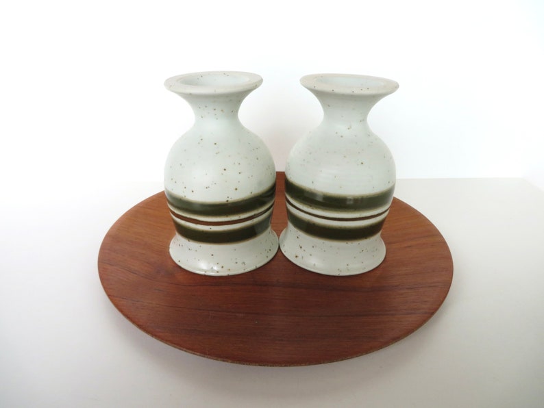 Set Of 2 Otagiri Stoneware Goblets, Vintage Japanese Pottery Striped Green Pedestal Cups image 3