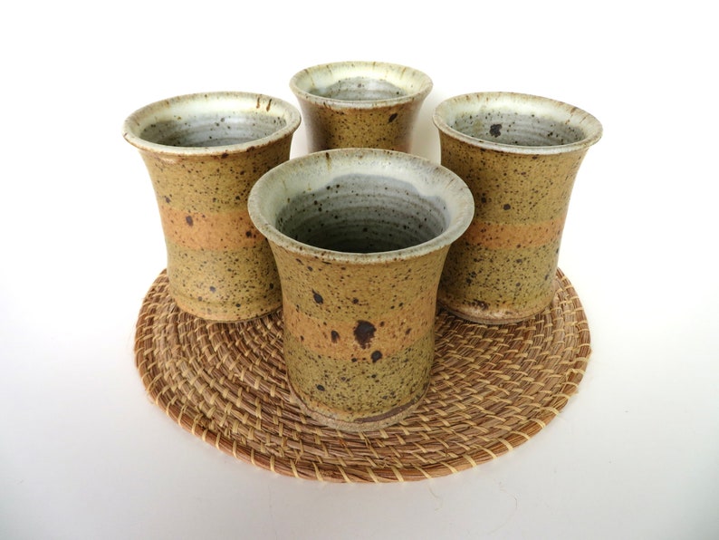 4 Vintage Studio Pottery Tumblers, Handmade 10oz Stoneware Drinking Cups WIth Speckled Glaze image 4