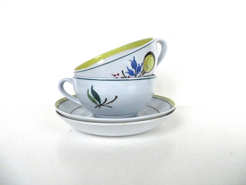 Set Of 2 Arabia of Finland Windflower Cup and Saucers, Vintage Floral Blue And Yellow Scandinavian Teacups image 1