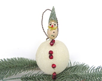 Antique Spun Cotton Snowman Christmas Ornament, Large Victorian Snowman On White Mica Snowball With Mercury Glass Beads