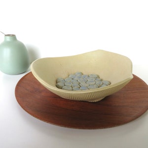 Contemporary Studio Ceramic Bowl, Vintage Hand Made Studio Pottery Art in Beige and Blue, Floral Art Dish image 8