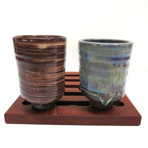 Set of 2 Small Japanese Yunomi Studio Pottery Cups, Hand Crafted Small Tea Bowl / Sake Cups In Brown and Blue Green image 4