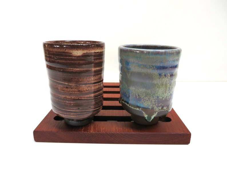 Set of 2 Small Japanese Yunomi Studio Pottery Cups, Hand Crafted Small Tea Bowl / Sake Cups In Brown and Blue Green image 4