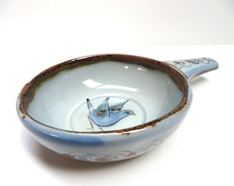 Ken Edwards Tonala Blue Bird Handled Soup Bowl, El Palomar Pottery Dish From Mexico, Vintage Folk Art Pottery