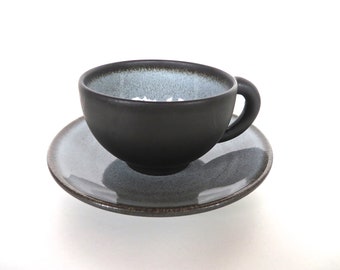 Vintage Jars Tourron Cup and Saucer Gris Ecorce From France, Modernist French Ceramics In Black and Grey Blue