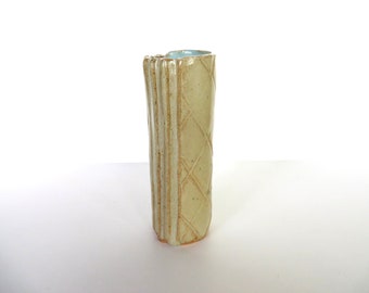Vintage Studio Pottery Vase in Aqua Blue and Cream, Signed Textural Stoneware Bud Vase