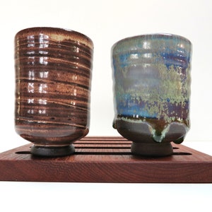 Set of 2 Small Japanese Yunomi Studio Pottery Cups, Hand Crafted Small Tea Bowl / Sake Cups In Brown and Blue Green image 2