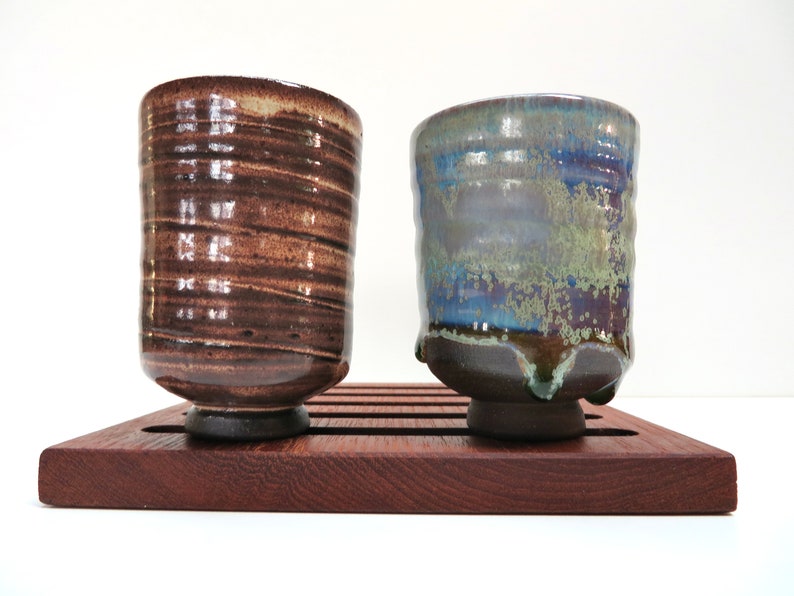 Set of 2 Small Japanese Yunomi Studio Pottery Cups, Hand Crafted Small Tea Bowl / Sake Cups In Brown and Blue Green image 2