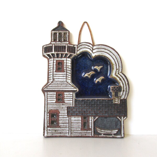 Vintage Victoria Littlejohn Stoneware Wall Hanging, Pottery Lighthouse Trivet