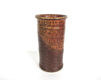 Vintage Cylindrical Studio Pottery Vase, Earthen Brown Signed Finnstad Stoneware Pottery Vase