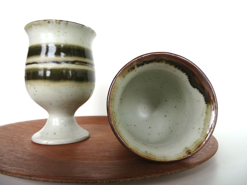 Set Of 5 Otagiri Stoneware Goblets, Vintage Japanese Pottery Pedestal Cups With Green Stripes image 6