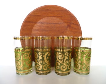 4 Vintage Culver Toledo Highball Glasses, 22kt Gold Barware Tumblers In Green And Gold