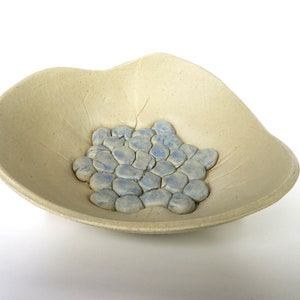 Contemporary Studio Ceramic Bowl, Vintage Hand Made Studio Pottery Art in Beige and Blue, Floral Art Dish image 2