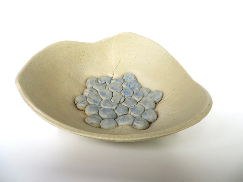 Contemporary Studio Ceramic Bowl, Vintage Hand Made Studio Pottery Art in Beige and Blue, Floral Art Dish image 2