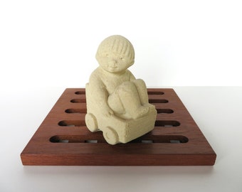 Vintage Marbell Sandstone Boy in Cart Figurine From Belgium, Stone Art Collectible Sculpture