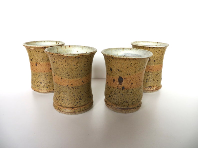 4 Vintage Studio Pottery Tumblers, Handmade 10oz Stoneware Drinking Cups WIth Speckled Glaze image 1