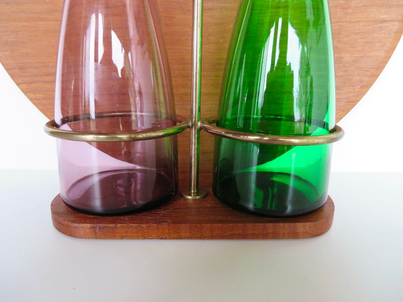 Danish Modern Teak Cruet Set With Blown Glass Oil and Vinegar Bottles image 4