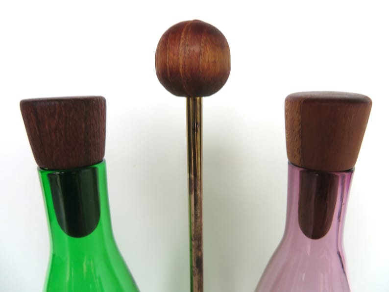 Danish Modern Teak Cruet Set With Blown Glass Oil and Vinegar Bottles image 2