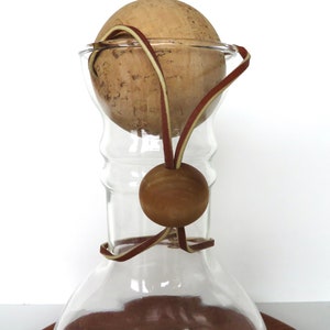 Vintage Modernist Glass Pyrex Decanter With Cork Stopper And Leather Strap 2 available. image 3