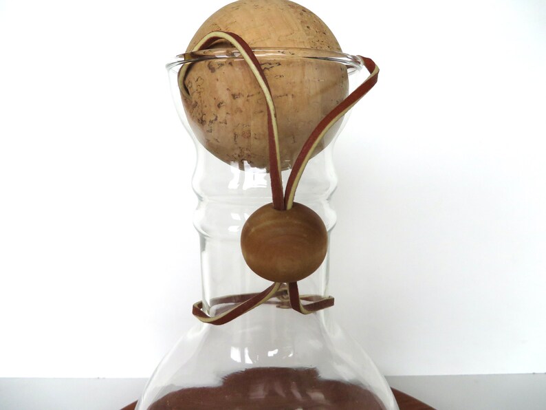 Vintage Modernist Glass Pyrex Decanter With Cork Stopper And Leather Strap 2 available. image 3