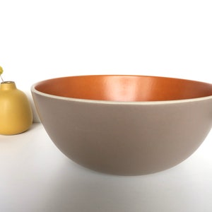 Vintage Heath Ceramic 10" Serving Bowl in French Grey and Persimmon, Edith Heath Large Coupe Line Fruit Bowl