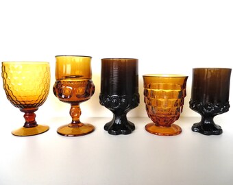 Mismatched Smoke And Amber Color Glasses, Set Of 5 Glass Goblets, Mixed Collection Of Colored Glasses For Wedding Table Decor