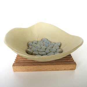 Contemporary Studio Ceramic Bowl, Vintage Hand Made Studio Pottery Art in Beige and Blue, Floral Art Dish image 4