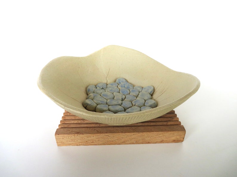 Contemporary Studio Ceramic Bowl, Vintage Hand Made Studio Pottery Art in Beige and Blue, Floral Art Dish image 4