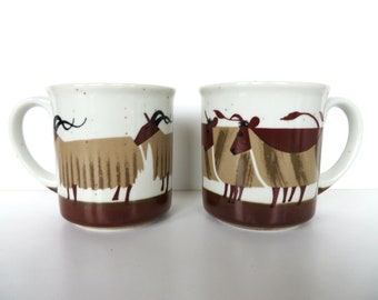 Vintage Japanese Otagiri Stoneware Mugs, 1970s Retro Ibex and Cow Coffee Cups From Japan