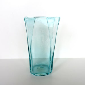 Vintage Blenko Glass Paper Bag Vase In Aqua Blue, 8 1/2 Hand Blown Blenko Glass Art 8813M image 1