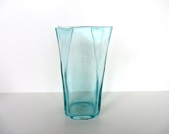 Vintage Blenko Glass Paper Bag Vase In Aqua Blue, 8 1/2" Hand Blown Blenko Glass Art #8813M