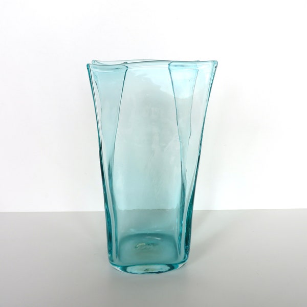 Vintage Blenko Glass Paper Bag Vase In Aqua Blue, 8 1/2" Hand Blown Blenko Glass Art #8813M