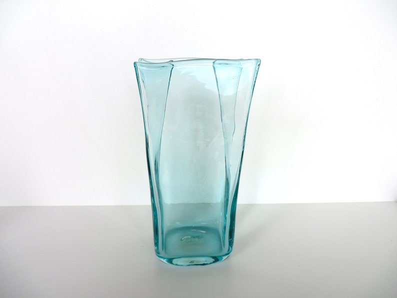 Vintage Blenko Glass Paper Bag Vase In Aqua Blue, 8 1/2 Hand Blown Blenko Glass Art 8813M image 1
