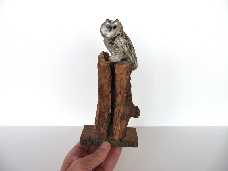 Mid Century Studio Pottery Owl Sculpture, Brutalist Ceramic Owl Sculpture on Wooden Base image 5