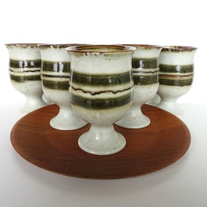 Set Of 5 Otagiri Stoneware Goblets, Vintage Japanese Pottery Pedestal Cups With Green Stripes image 1