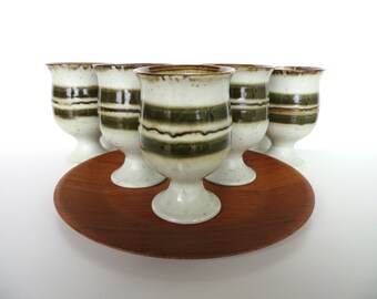 Set Of 5 Otagiri Stoneware Goblets, Vintage Japanese Pottery Pedestal Cups With Green Stripes