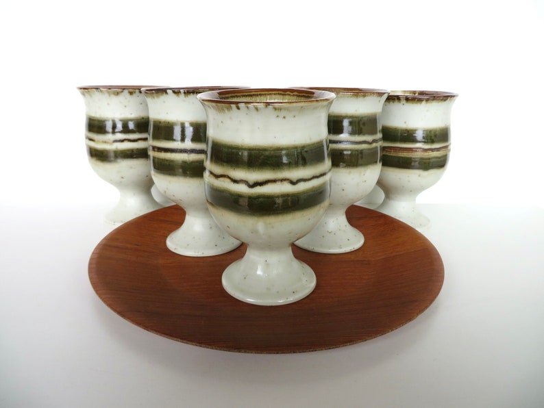 Set Of 5 Otagiri Stoneware Goblets, Vintage Japanese Pottery Pedestal Cups With Green Stripes image 1