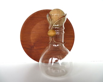 Vintage Modernist Glass Pyrex Decanter With Cork Stopper And Leather Strap - 2 available.